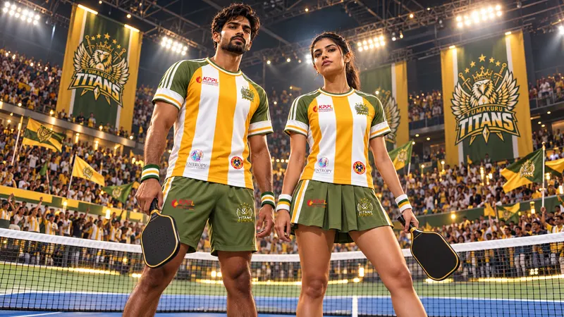 Man and woman in Titans kit holding paddles on court