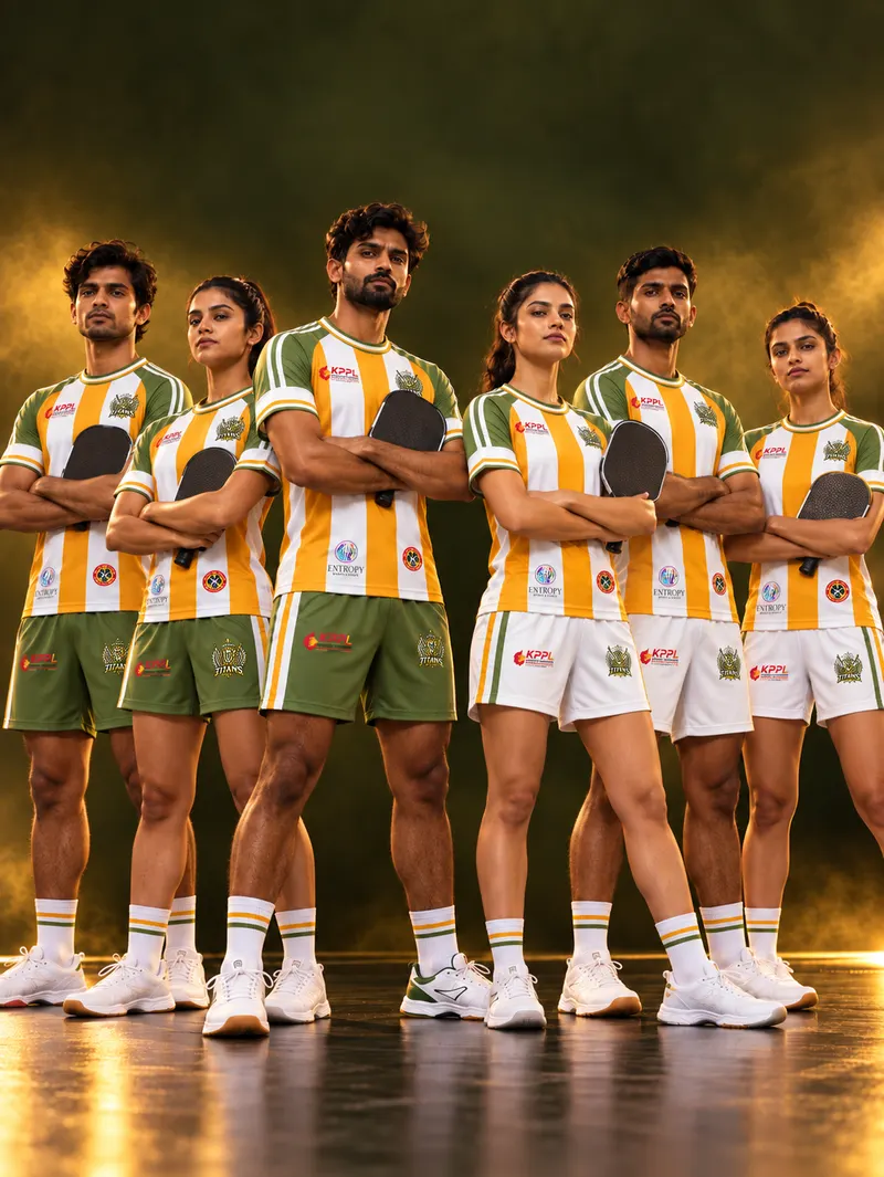 Six Tumakuru Titans players in gold-and-white striped jerseys, arms crossed, holding paddles