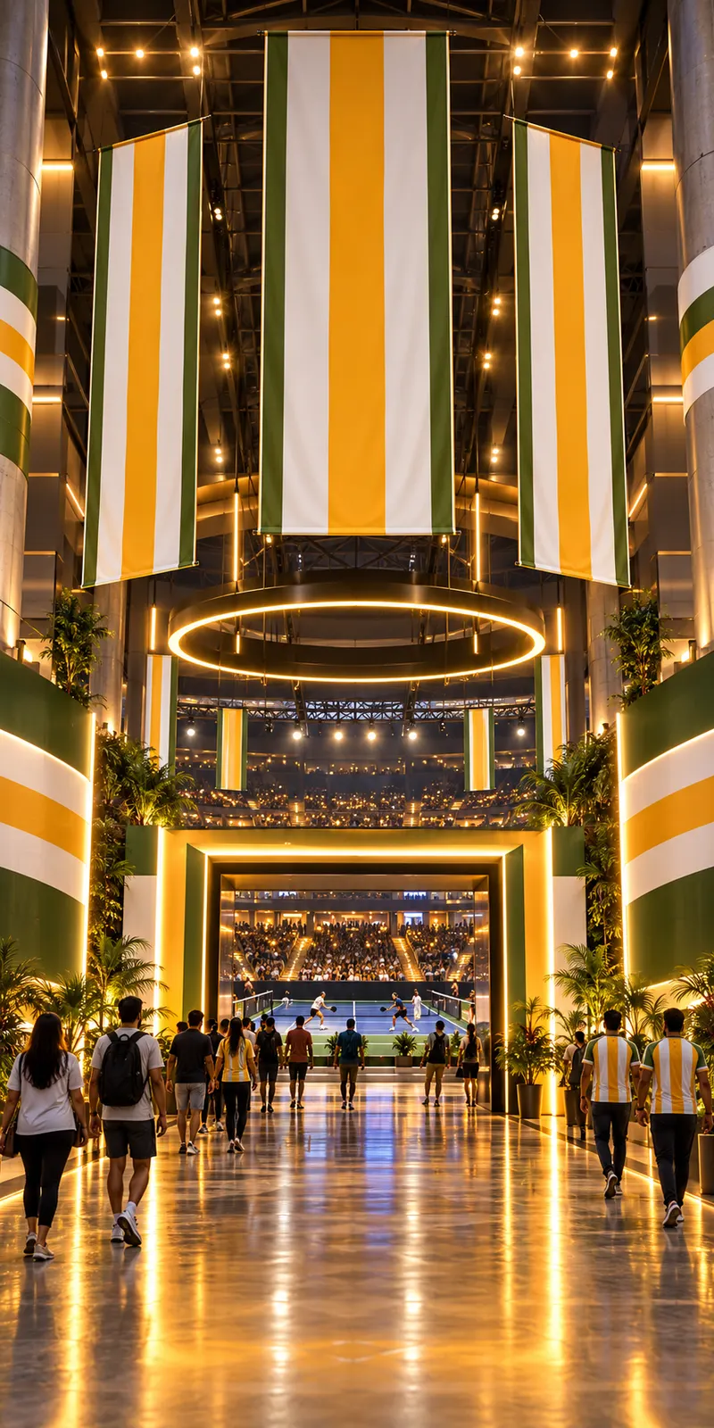 Venue concourse with giant green, white and gold banners leading to the court